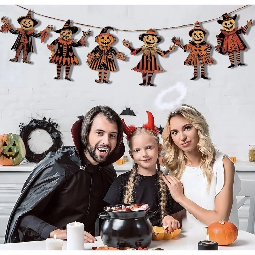 Vintage Halloween Decor Wood Banner 6PCS  Spooky Bunting Decor Pumpkin Skeleton - Picture 5 of 6